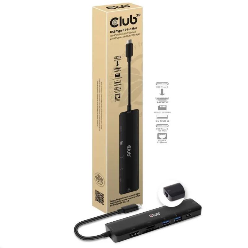 Club3D hub USB-C 3.2 Gen1 7in1 Hub HDMI 4K60Hz, 2x SD card, 2x USB-A, …