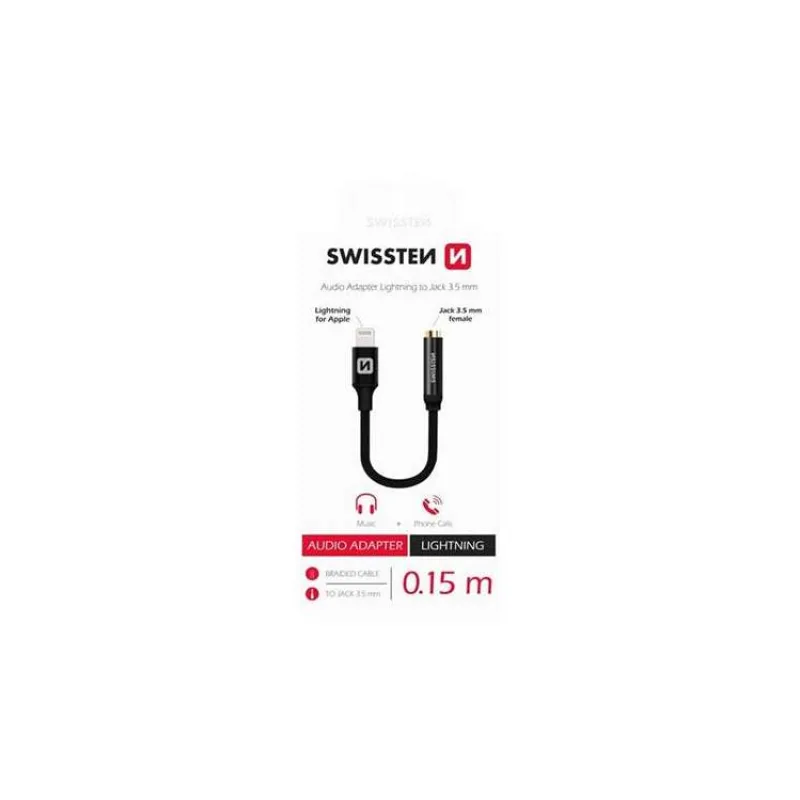 SWISSTEN AUDIO ADAPTÉR TEXTILE LIGHTNING /JACK(samice) 0,15 M ČERNÝ (73501211)