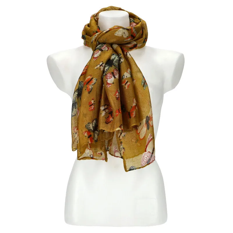 Cashmere Dámska letná farebná šatka s motýlikmi 174x69 cm žltá