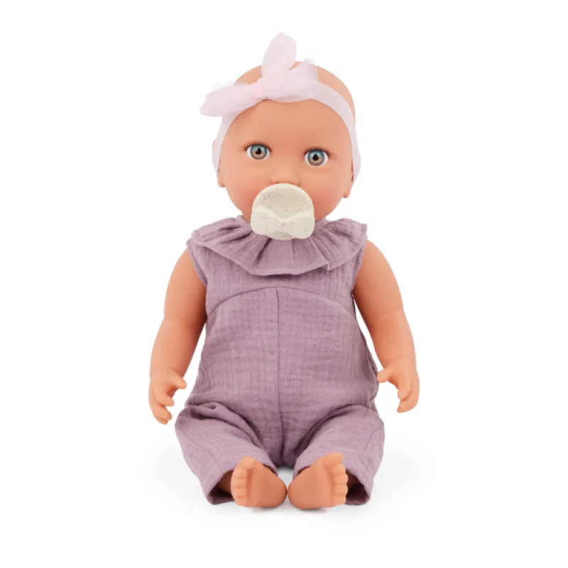 LullaBaby Bábika 35 cm v overale s čelenkou Lila