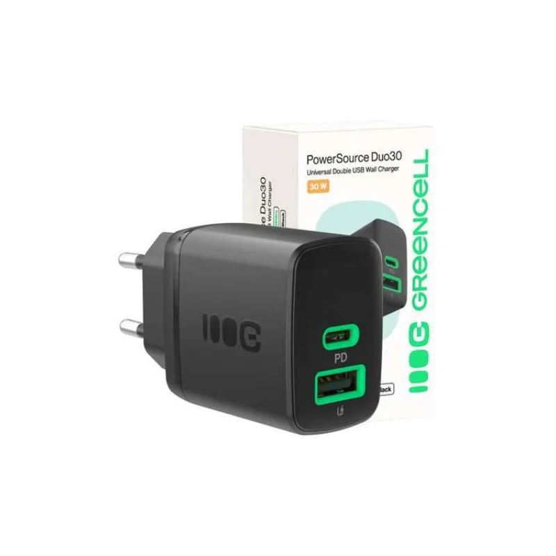 Green Cell PowerSource Duo30 Charger USB/USB-C Black Power Adapter 30W Power Delivery (CHARB-GC-30AC-B)