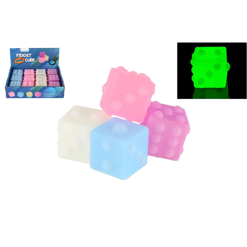 Teddies Kocka antistresová mačkacia 5x5cm svietiaca v tme 4 farby vo vrecku 12ks v boxe
