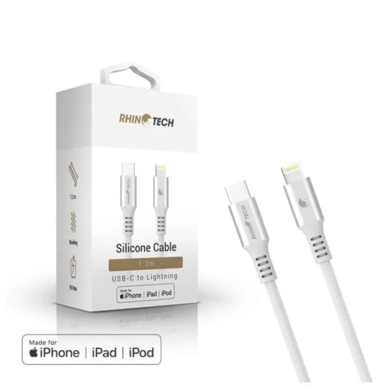 RhinoTech LITE MFi kabel s nylonovým opletem USB-C na Lightning 1.2m stříbrná (RTACC467)