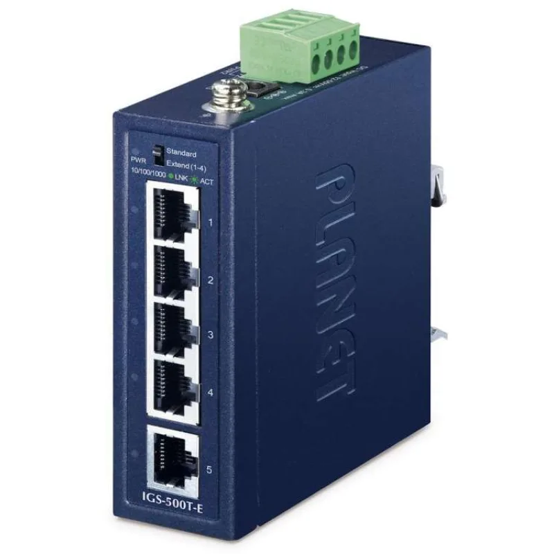 Planet IGS-500T-E, 5x 1000Base-T, DIN, IP40, rozšířený teplotní rozsah -40~75°C, ESD+EFT do 6kV, triple 12~55VDC, 250m (IGS-500T-E)