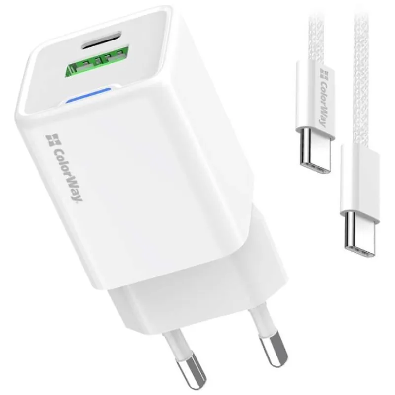 COLORWAY 1x USB-C/ síťová nabíječka/ GaN/ PD/ PPS/ QC/ 30W/ Včetně 100cm kabelu/ Bílá (CW-CHS053PDC-WT)