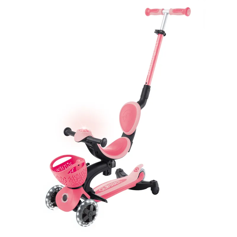 GLOBBER Kolobežka Go Up Baby Lights so sedadlom 3 v 1, korálovo ružová