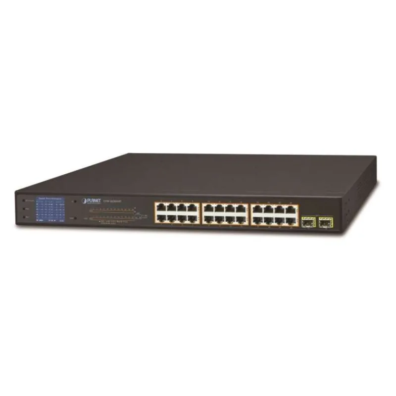 Planet GSW-2620VHP PoE switch, 24x1Gb + 2xSFP 1Gb, LCD, VLAN, extend mód 10Mb-250m, 802.3at, 802.3az, 300W PoE Budget (GSW-2620VHP)