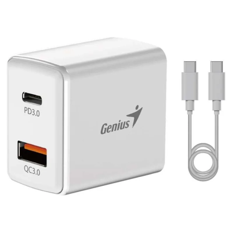 Genius PD-20ACP, Napájecí adaptér, univerzální, 20W, 1× USB-C, 1× USB, PD 3.0, QC 3.0, bílý + 1m USB-C kabel (32590009400)