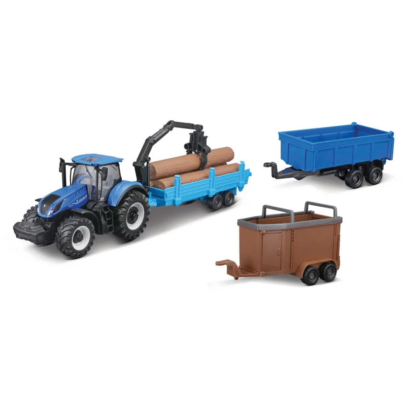 Bburago - FARMLAND, Set New Holland T7.315 HD s tromi prívesmi, 10 cm