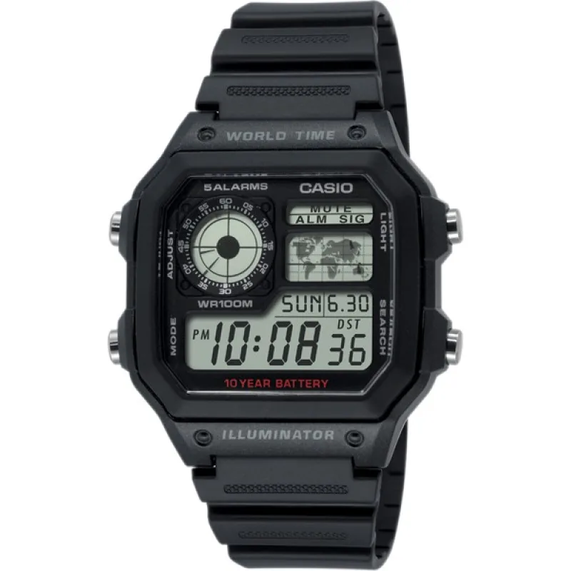 CASIO Pánske hodinky so stopkami, budíkom a svetovými časy AE 1200WH-1A