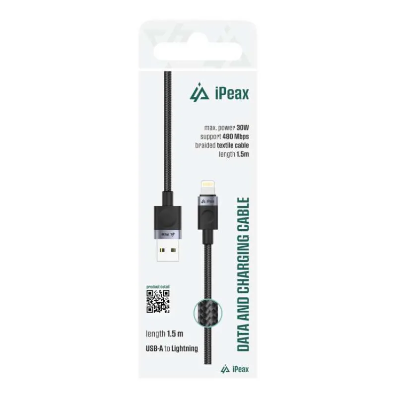 TEXTILNÝ KÁBEL USB-A/LIGHTNING 1,5M, USB 2.0 ČIERNY (90010107)
