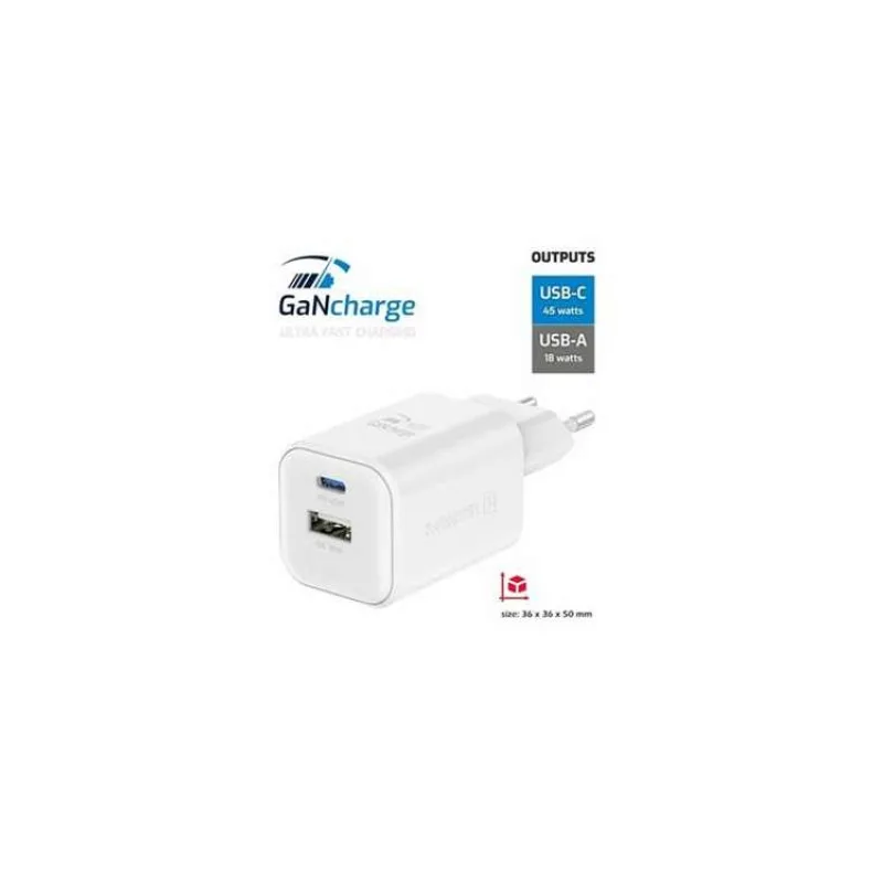 SWISSTEN SÍŤOVÝ ADAPTÉR GaN 1x USB-C 45W PD + 1x USB-A 18W QC BÍLÝ (22071300)