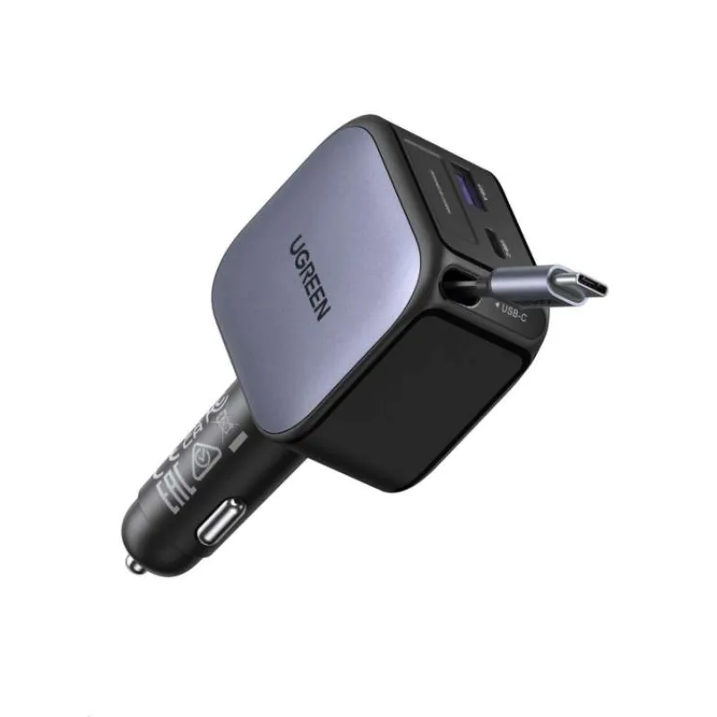 UGREEN rychlonabíječka do auta se zatahovacím kabelem 90W 3-Port, 2x USB-C,1x USB-A, GaN, stříbrná (55909B)
