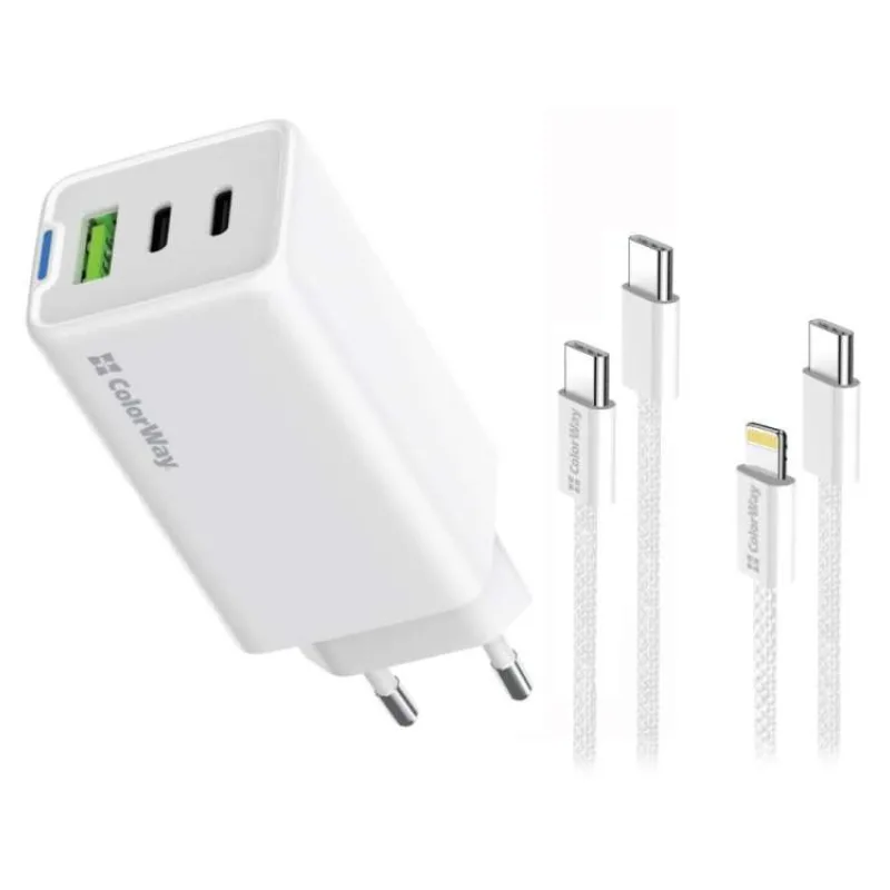 COLORWAY 2x USB-C, 1x USB-A/ síťová nabíječka/ GaN/ PD/ PPS/ 65W/ Včetně 2x kabelů, USB-C-USB-C, USB-C-Lightning/ Bílá (CW-CHS058PDCL-WT)