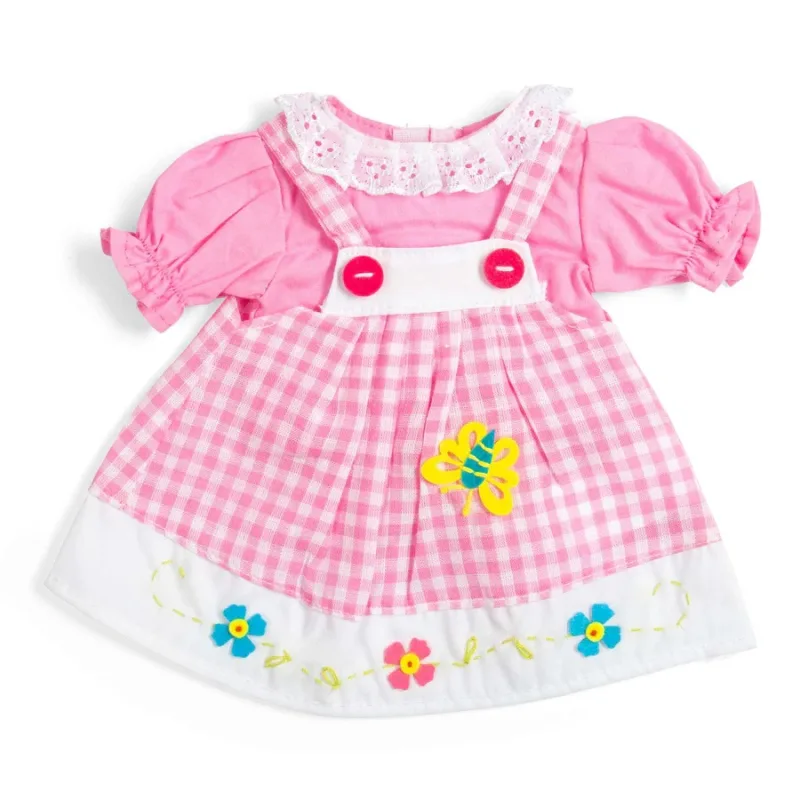 Bigjigs Toys Bigjigs Toys Ružové kockované šaty s podbradníkom pre bábiku 34 cm