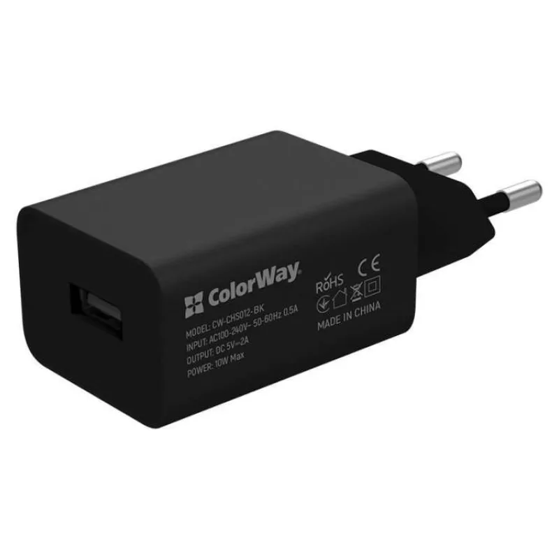 COLORWAY 1x USB/ síťová nabíječka/ 10W/ 100V-240V/ Černá (CW-CHS012-BK)