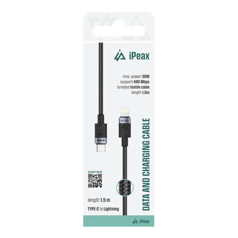 TEXTILNÝ KÁBEL USB-C/LIGHTNING 1,5M, USB 2.0 ČIERNY (90010106)
