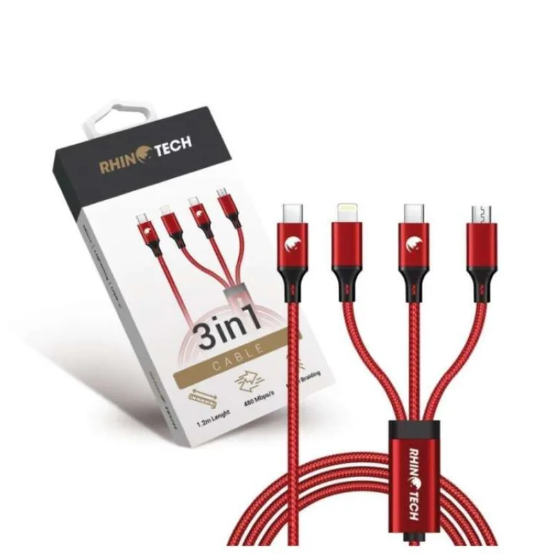 RhinoTech nabíjecí a datový kabel 3v1 USB-C (MicroUSB + Lightning + USB-C) 40W 1,2m červená (RTACC478)