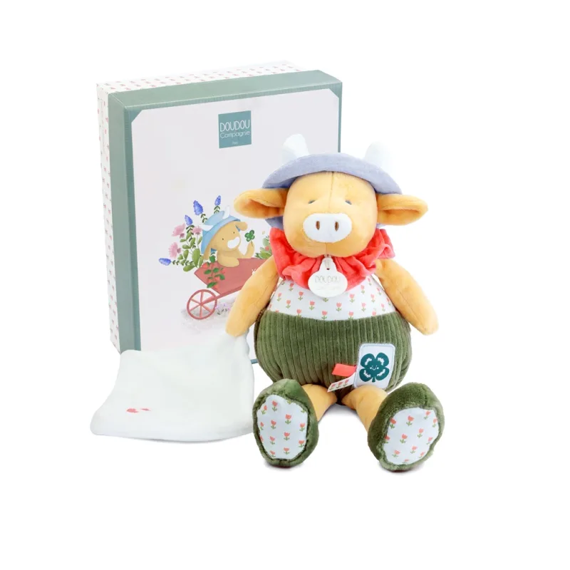 Doudou et Compagnie Paris Doudou Darčeková sada Plyšová kravička Aneth s dečkou zelená 28 cm