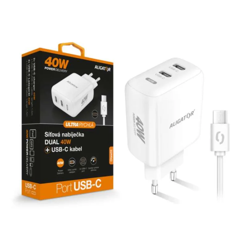 Múdra sieťová nabíjačka ALIGATOR Power Delivery 40W, 2xUSB-C, USB-C/USB-C kábel, biela (CHPD0024)