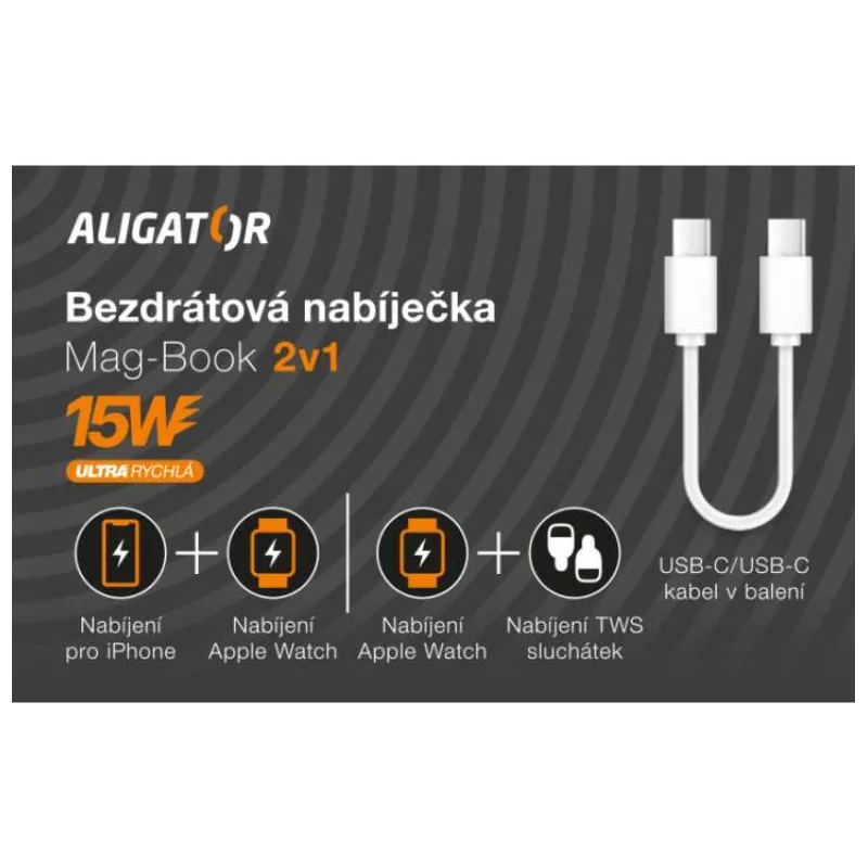 Bezdrôtová nabíjačka ALIGATOR Mag-Book 2v1, určené pre MagSafe a nabíjanie Apple Watch, 15W, biela (AMS02WT)