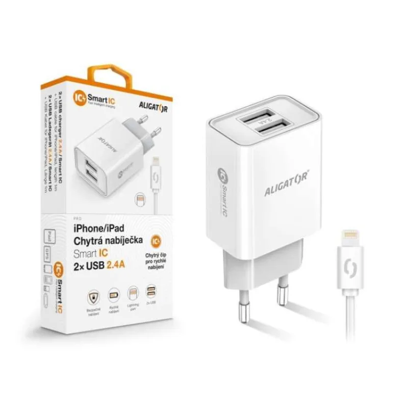 Múdra sieťová nabíjačka ALIGATOR 2,4A, 2xUSB, smart IC, biela, USB kábel pre iPhone / iPad (CHA0045)