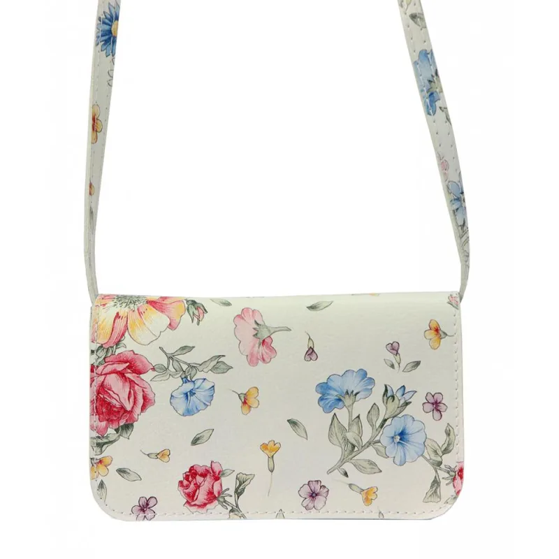Vera Pelle Kožená biela dámska pozdĺžna crossbody kabelka v motíve kvetov