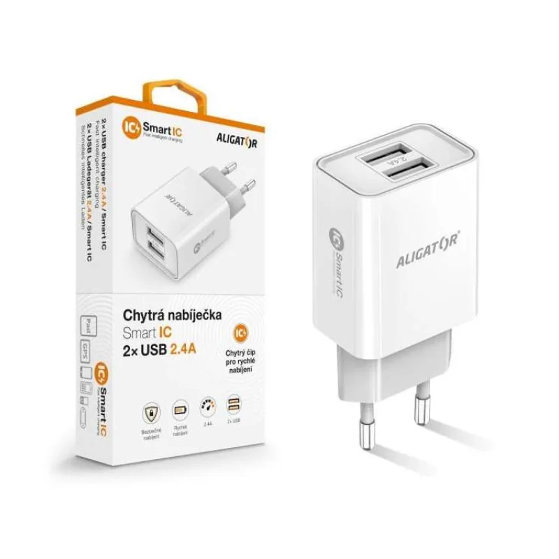 Múdra sieťová nabíjačka ALIGATOR 2,4A, 2xUSB, smart IC, biela (CHA0039)
