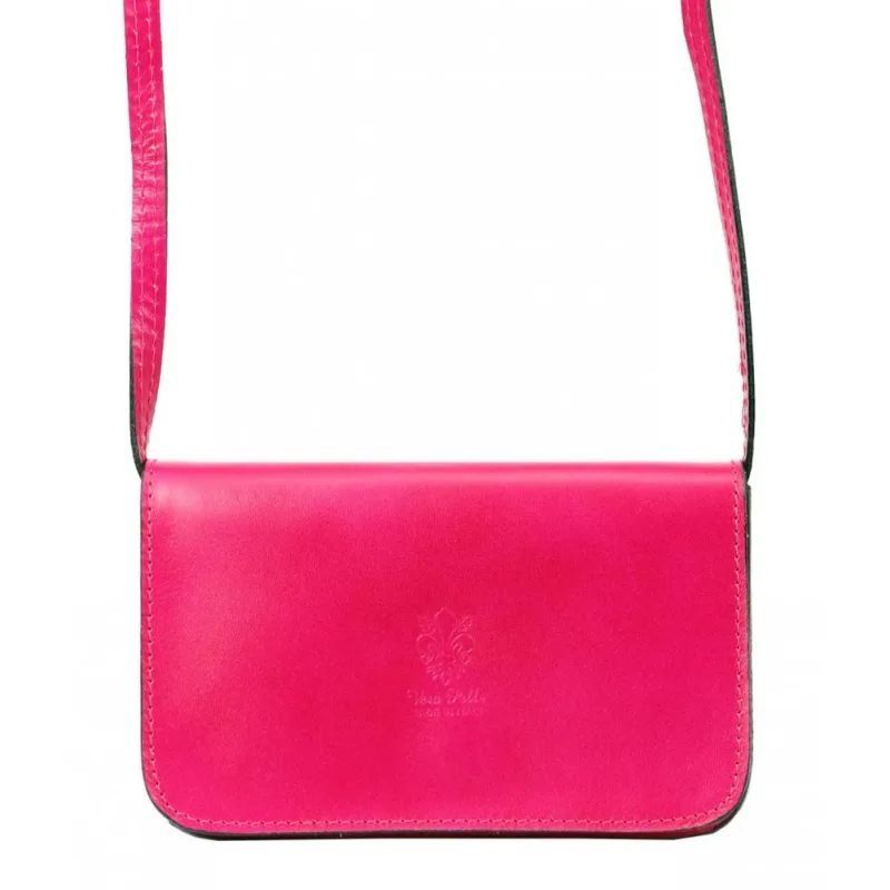 Vera Pelle Kožená malá dámska pozdĺžna crossbody kabelka fuchsiovo ružová