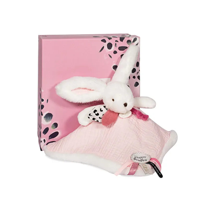 Doudou et Compagnie Paris Doudou Darčeková sada ružová - zajačik so štvorcovou dečkou 25 cm