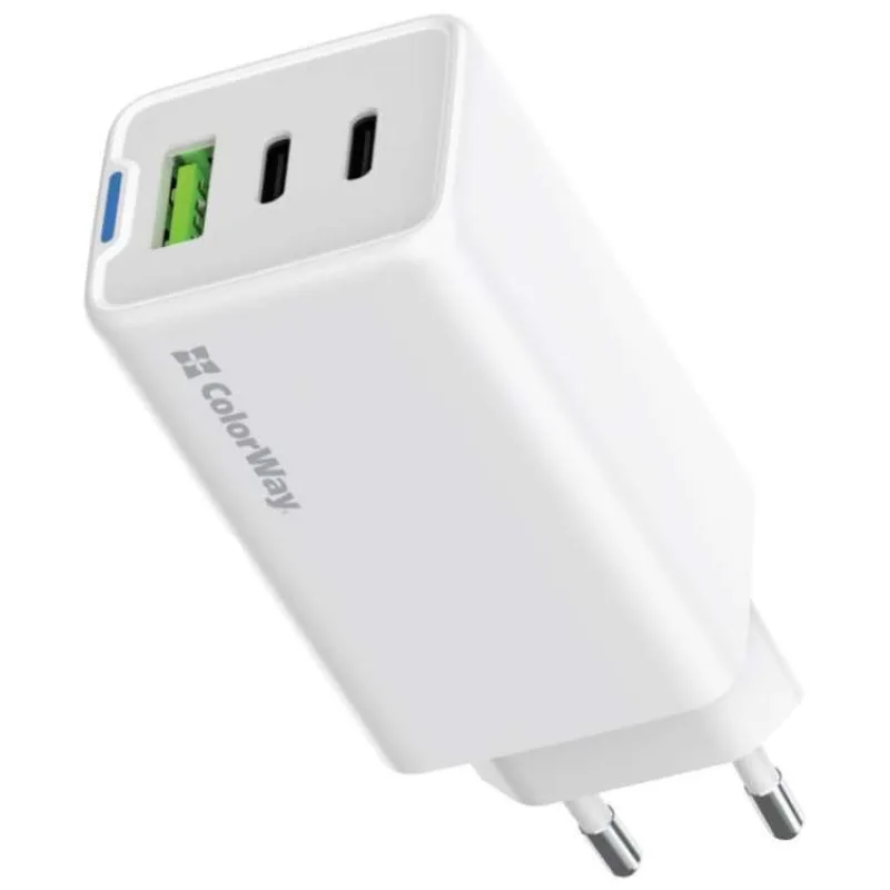 COLORWAY 2x USB-C, 1x USB-A/ síťová nabíječka/ GaN/ PD/ PPS/ 65W/ Bílá (CW-CHS058PD-WT)