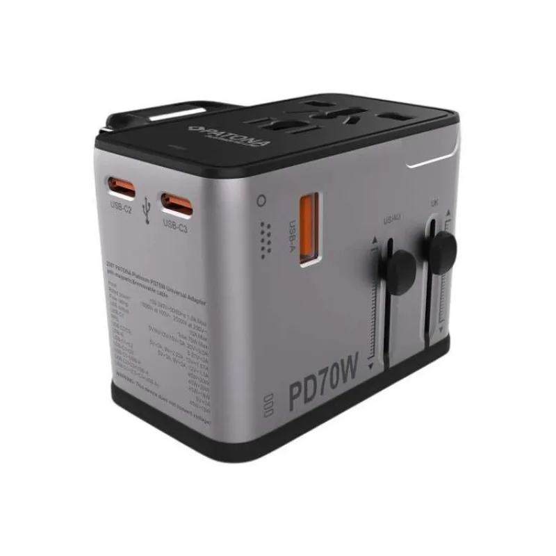 PATONA cestovní adaptér 3x USB-C, 1x USB, vyměnitelné zástrčky EU/UK/US: Typ C, G, A/B, Power delivery 70W (PT2597)
