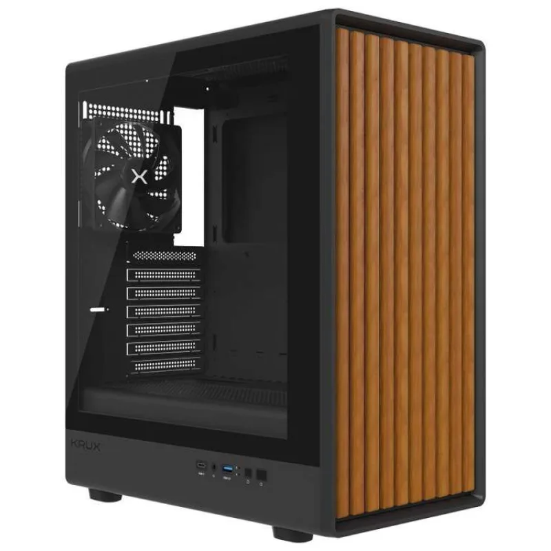 Krux skříň Heliora / ATX / 120mm fan / USB3.0 / USB-C / zaoblená / dřevěný design panelu / černá (KRXD019)