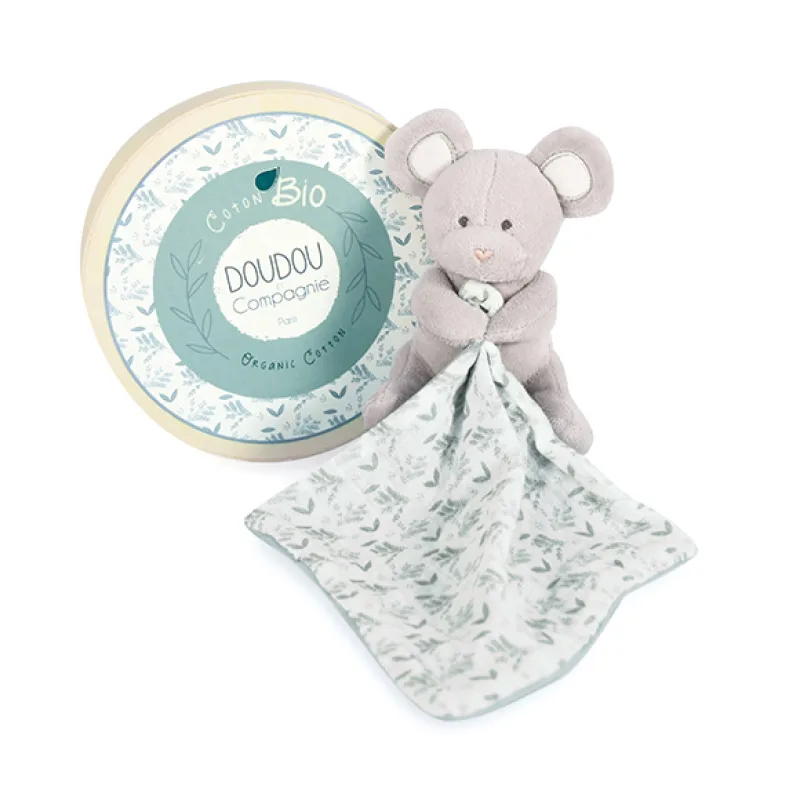 Doudou et Compagnie Paris Doudou Darčeková sada - Plyšová myška s dečkou z BIO bavlny 15 cm zeleno-biela
