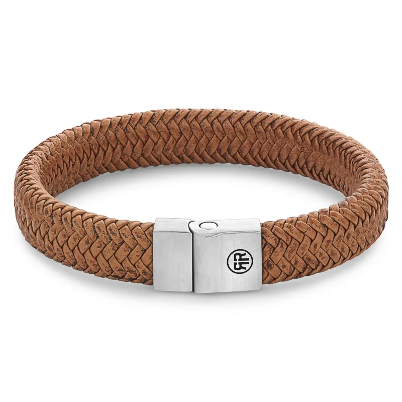 Pánsky kožený náramok Rebel & Rose Full Metal Herringbone Cognac RR-M0024-S-L