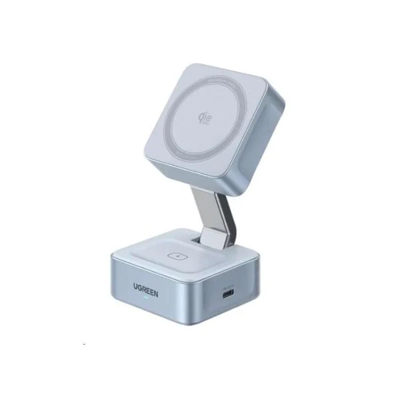UGREEN magnetická bezdrátová nabíječka 2v1 MagFlow Qi2.2, 25W, MagSafe, stříbrná (55960B)