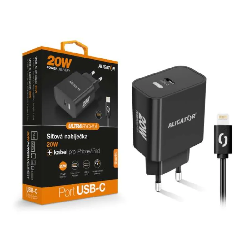Múdra sieťová nabíjačka ALIGATOR Power Delivery 20W, USB-C kábel pre iPhone / iPad, čierna (CHPD0015)