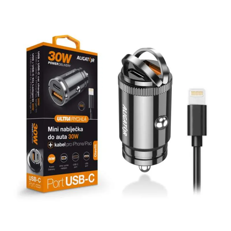 Aligator mini nabíjačka do auta Power Delivery 30W, USB-C + USB-A, USB-C kábel pre iPhone / iPad (CHPD0008)