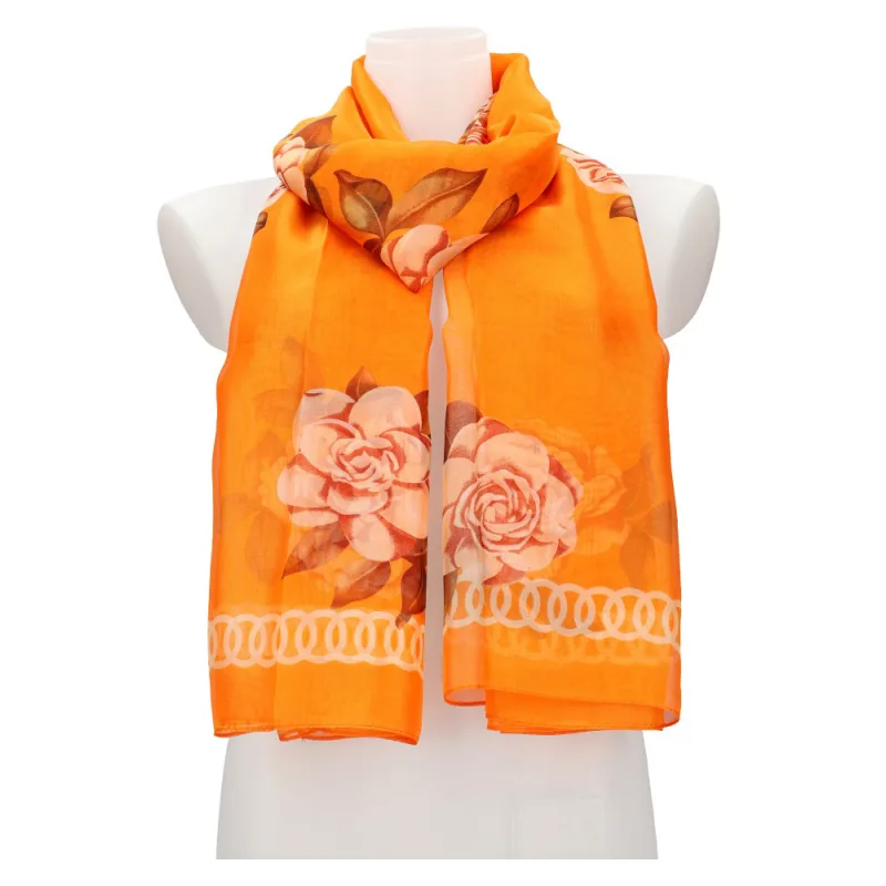 Cashmere Dámska letná šatka / šál 179x100 cm oranžová s kvetmi