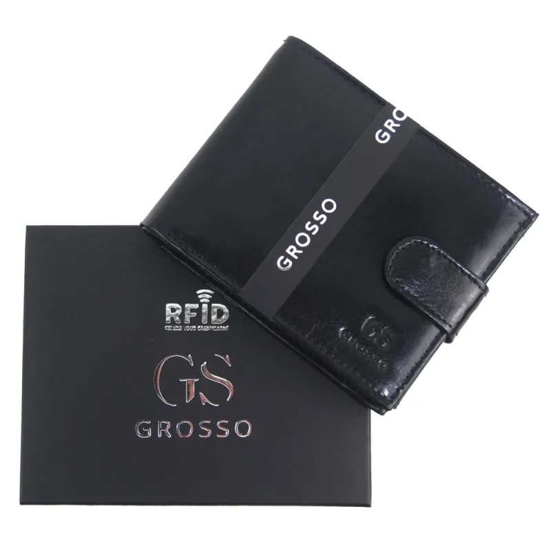 GROSSO Kožená lesklá pánska peňaženka čierna RFID so zápinkou v krabičke