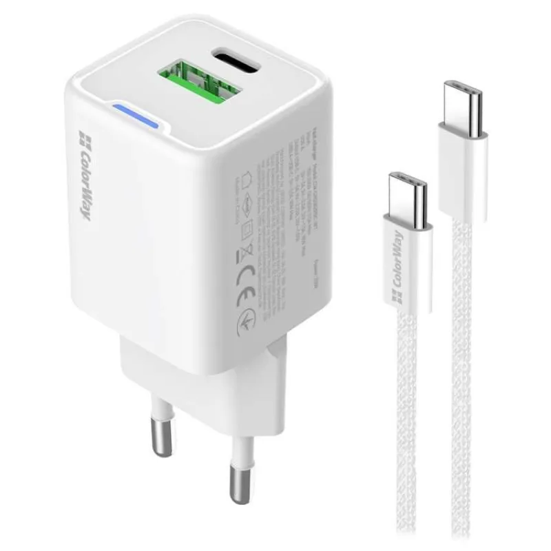 COLORWAY 1x USB-C/ 1x USB-A/ síťová nabíječka/ GaN/ PD/ PPS/ 20W/ Bílá + 1x USB-C kabel (CW-CHS062PDC-WT)