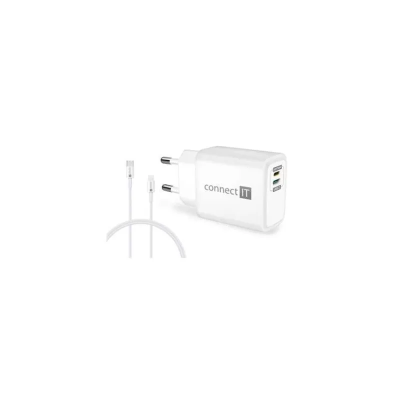 CONNECT IT DUPLEX Nabíjecí adaptér 1xLightning + 1×USB-C, 20W, kabel 27W, BÍLÝ (CWC-2090-WH)