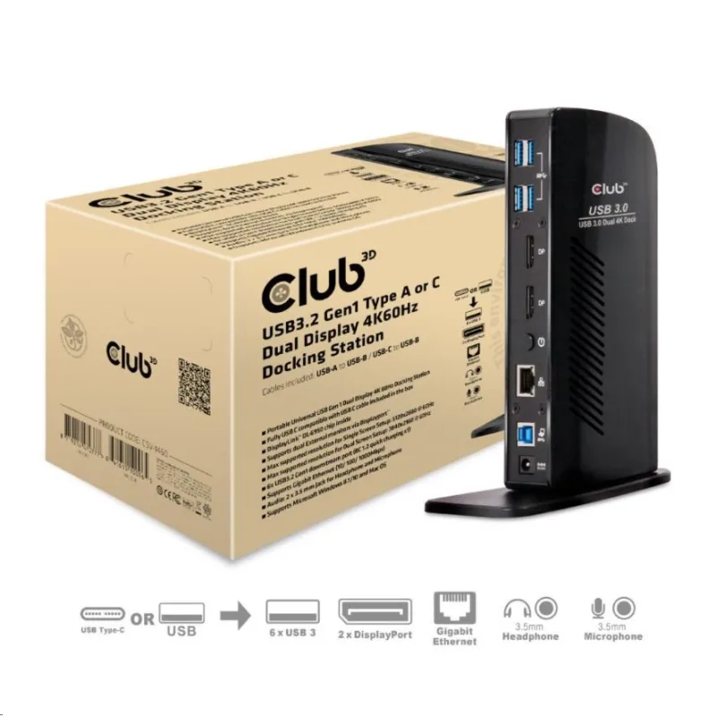 Club3D USB-A a USB-C Dual Display 4K60Hz Dokovacia stanica…