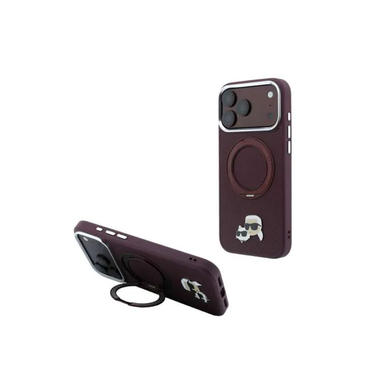 Karl Lagerfeld PU Grained K&CH Heads Ring Stand Magsafe kryt iPhone 18 Pro tmavo červený (57983131742)
