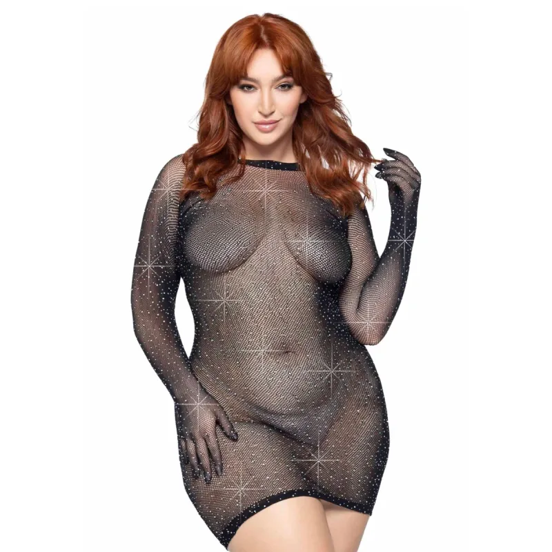 Plus size minišaty s kamienkami a sieťovanými rukavicami