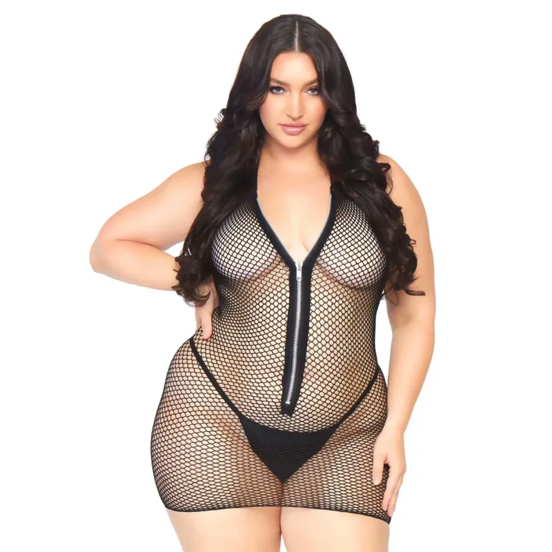 Plus Fishnet Zip Up Mini Dress