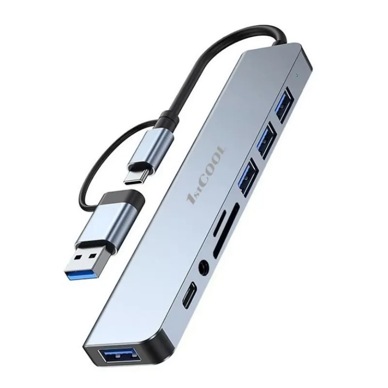 1stCOOL hliníkový USB HUB 8 in 2, USB-C/USB-A - USB3.0, USB-C, čítačka…