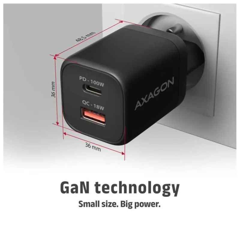 AXAGON ACU-PQ100, GaN nabíječka do sítě 100W, USB-A + USB-C, PD3.0/PPS/QC4+/SFC2.0/Apple, černá (ACU-PQ100)