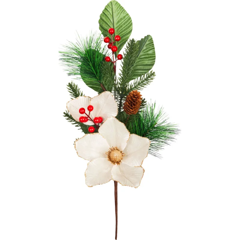 Vetvička MagicHome Vianoce, s bobuľami, biely kvet, 51 cm