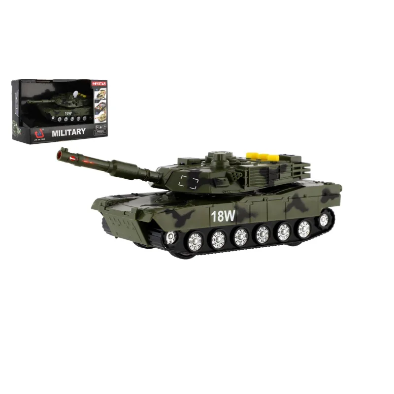 Teddies Tank 17cm na volný chod na baterie se světlem se zvukem zelený v krabici 19x12,5x8cm